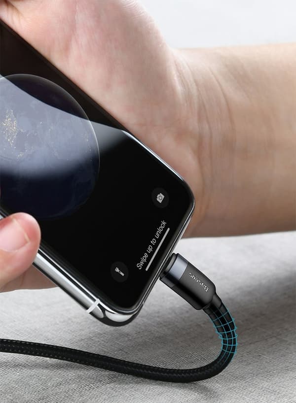 Slitesterk nylon USB-C PD-kabel Iphone Lightning 18W QC3.0 1m svart-grå
