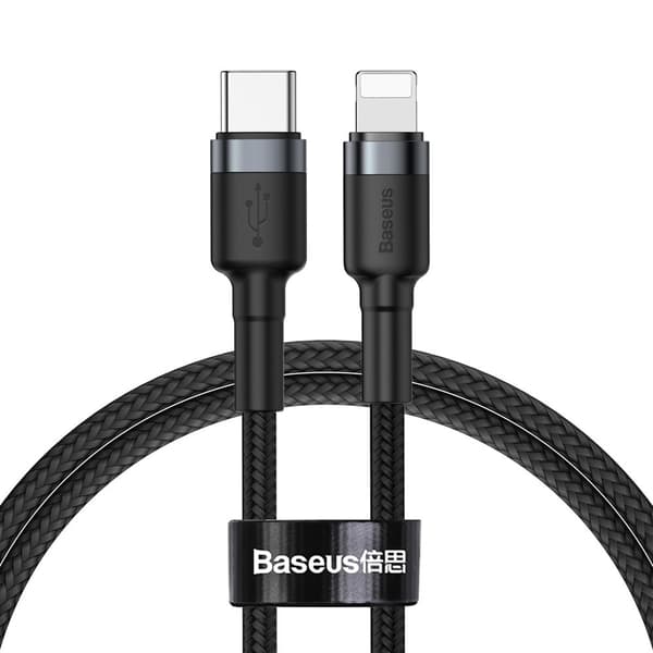 Slitesterk nylon USB-C PD-kabel Iphone Lightning 18W QC3.0 1m svart-grå