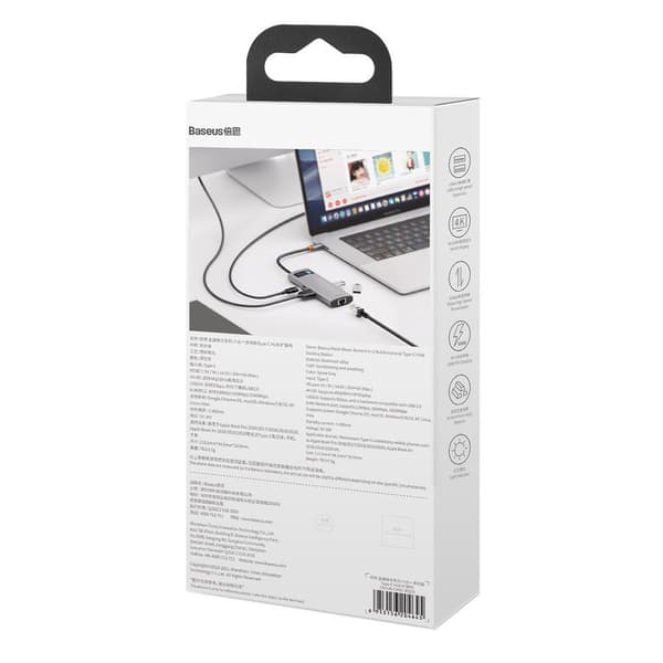 Monitoiminen 6in1 USB HUB USB-C PD HDMI 3x USB 3.2 RJ45 Harmaa