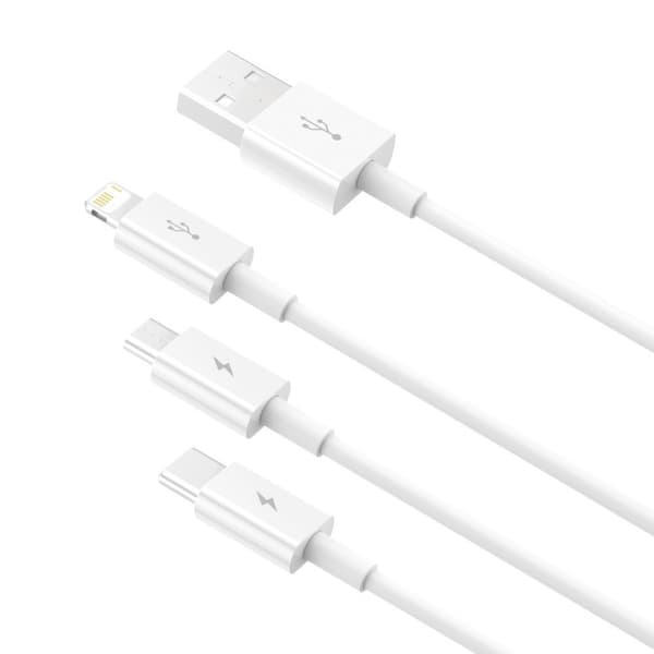Erinomainen 3in1 USB-kaapeli Iphone Lightning USB-C microUSB 3,5 A 1,5 m valkoinen