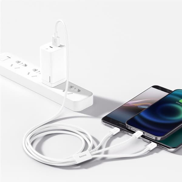Erinomainen 3in1 USB-kaapeli Iphone Lightning USB-C microUSB 3,5 A 1,5 m valkoinen