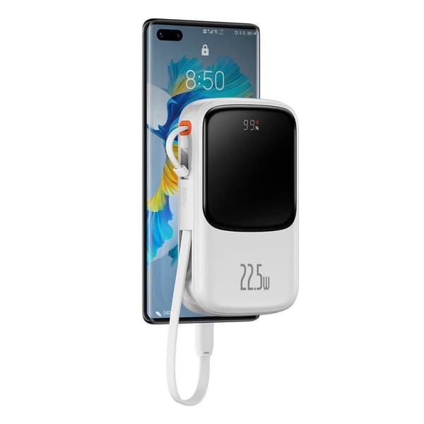 Qpow powerbank 10000mAh innebygd USB Type C-kabel 22,5W Quick Charge hvit