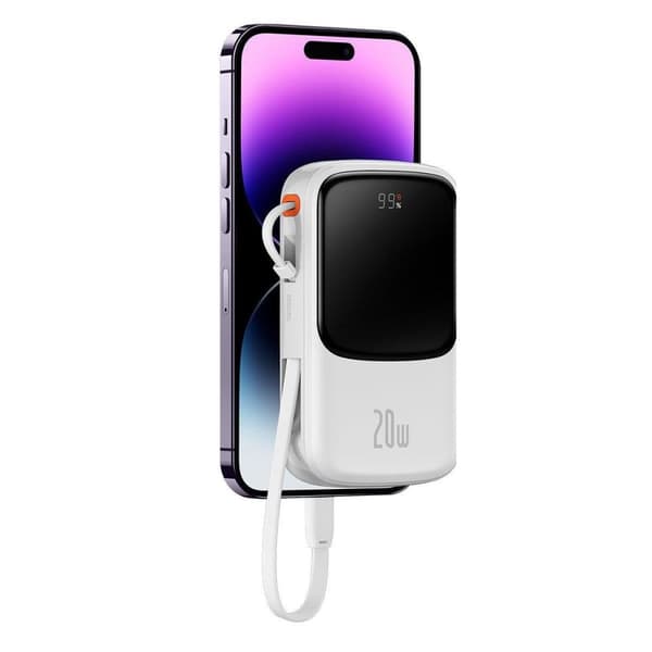 Powerbank med hurtiglading 10000mAh 20W QC-PD-SCP-FCP-kabel Iphone Lynhvit