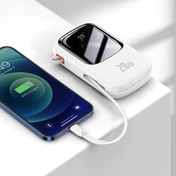 Powerbank med hurtiglading 20000mAh 20W QC-PD-SCP-FCP-kabel Iphone Lynhvit