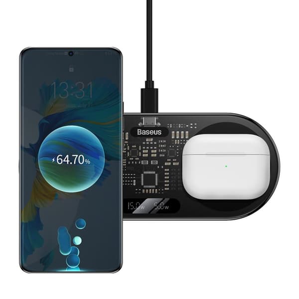 Dobbel QI trådløs lader med skjerm USB-C 20W - Svart