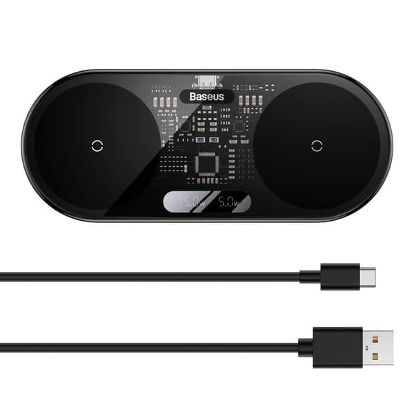 Dobbel QI trådløs lader med skjerm USB-C 20W - Svart