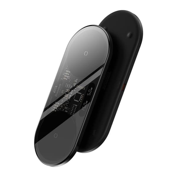 Dobbel QI trådløs lader med skjerm USB-C 20W - Svart