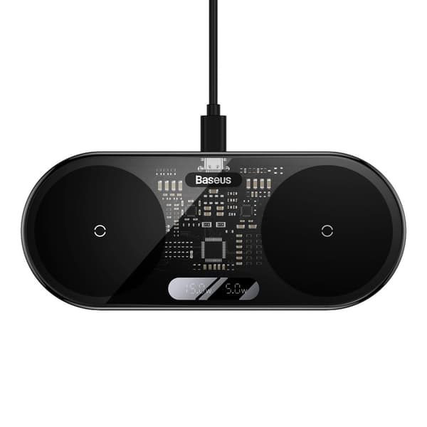 Dobbel QI trådløs lader med skjerm USB-C 20W - Svart