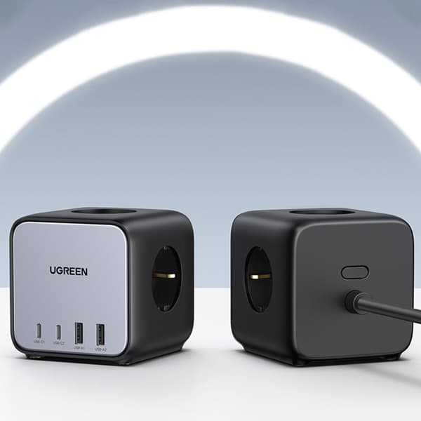 AC 240V GaN strømskinne oplader 2x USB-C 2x USB-A 3x AC 240V - sort