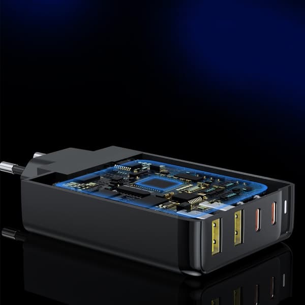 GaN 140W strømforsyningslader 4 porter 2x USB-C + 2x USB - svart