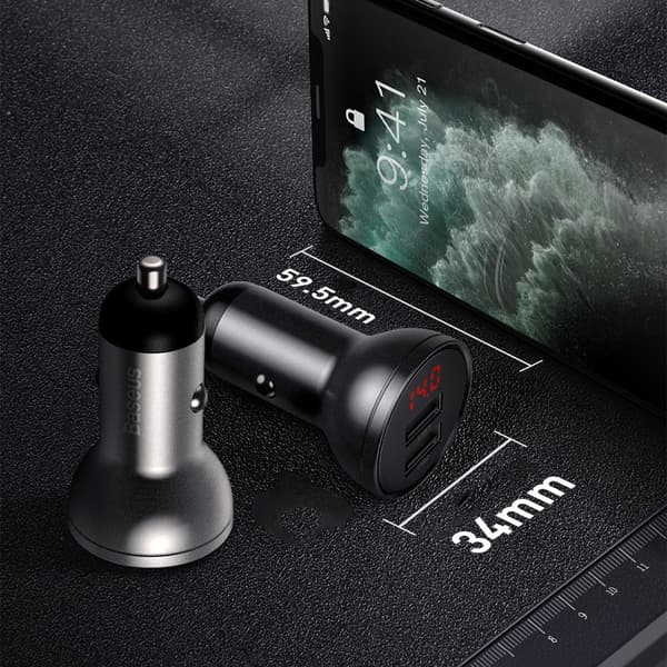 Autolaturi 2x USB 4.8A 24W LCD-näytöllä harmaa