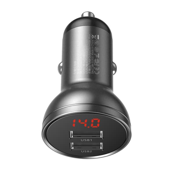 Autolaturi 2x USB 4.8A 24W LCD-näytöllä harmaa