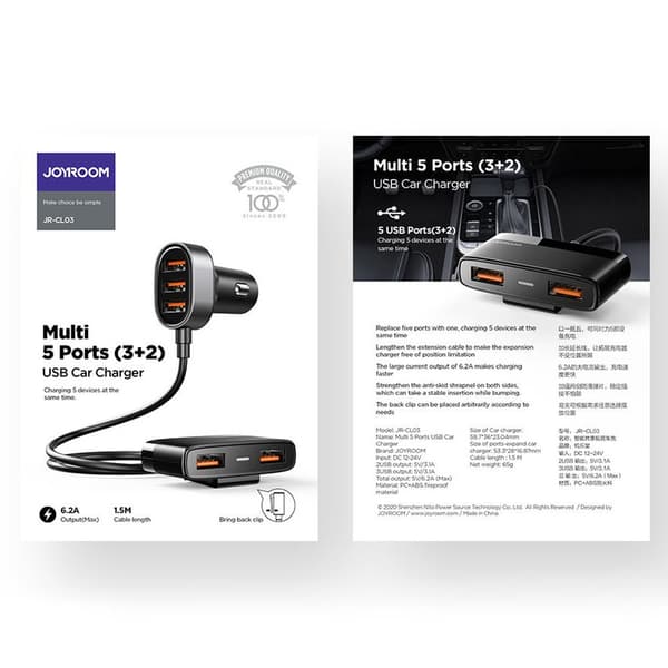 Hurtig billader 5x USB 6.2A med forlænger sort