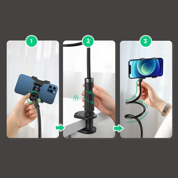 Universal holderstativ, stativ til telefon, tablet, stativ med fleksibel arm, hvid