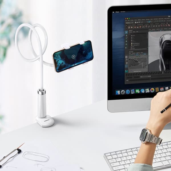 Universal holderstativ, stativ til telefon, tablet, stativ med fleksibel arm, hvid