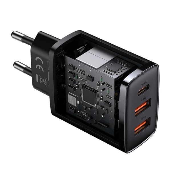 Kompakt hurtig vægoplader 2x USB USB-C 30W 3A PD QC sort