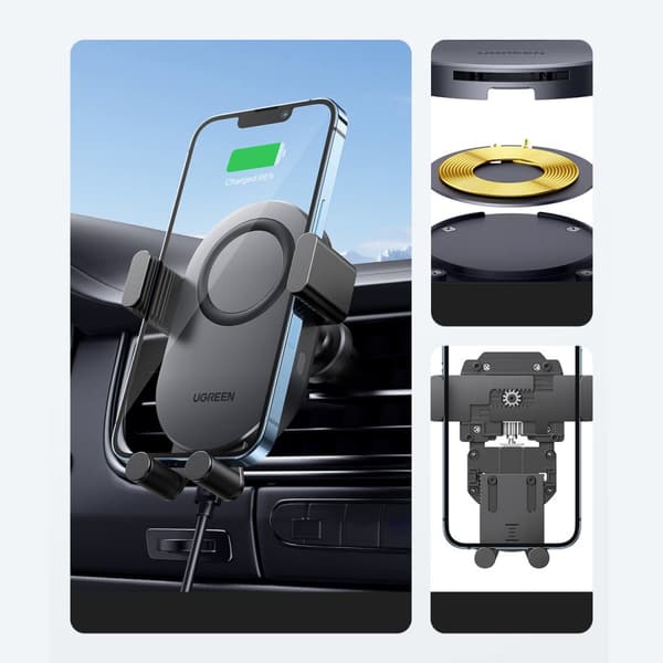 Qi 15W trådløs biloplader + telefonholder til gitter, sort