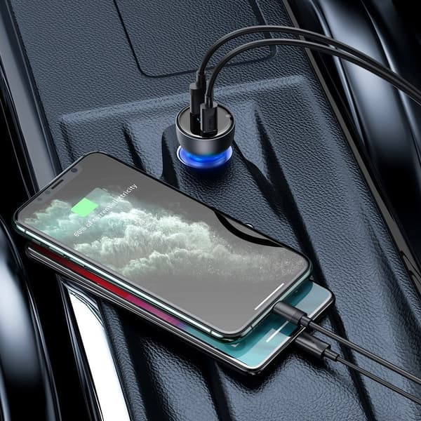 USB biloplader USB-C 65W 5A SCP QC PD LCD-skærm + USB-C kabel grå