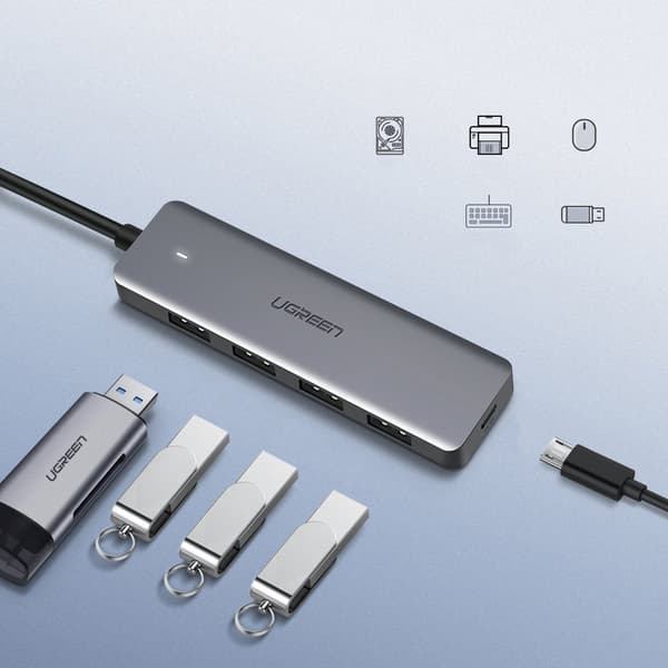 HUB USB-portsplitter - 4x USB 3.2 med mikro-USB-strömport grå