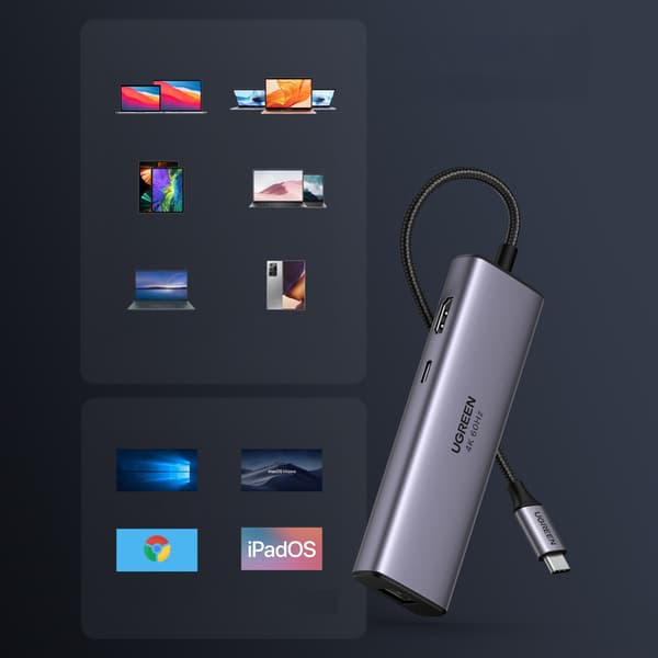 7-i-1 multifunktionel USB-C HUB - 2x USB HDMI 4K SD og TF kortlæser USB-C RJ45 1Gbps grå