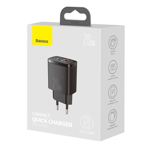 Kompakt USB-hurtigoplader USB-C 20W 3A PD QC 3.0 sort