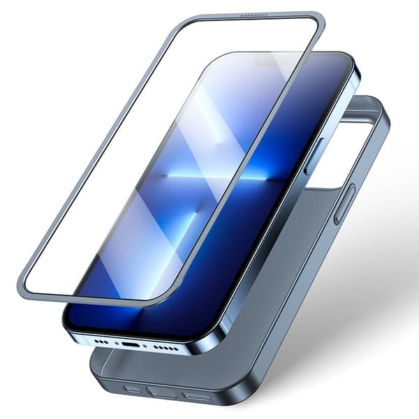 Cover til iPhone 13 Pro Max, bag- og frontcover + hærdet glas, grå