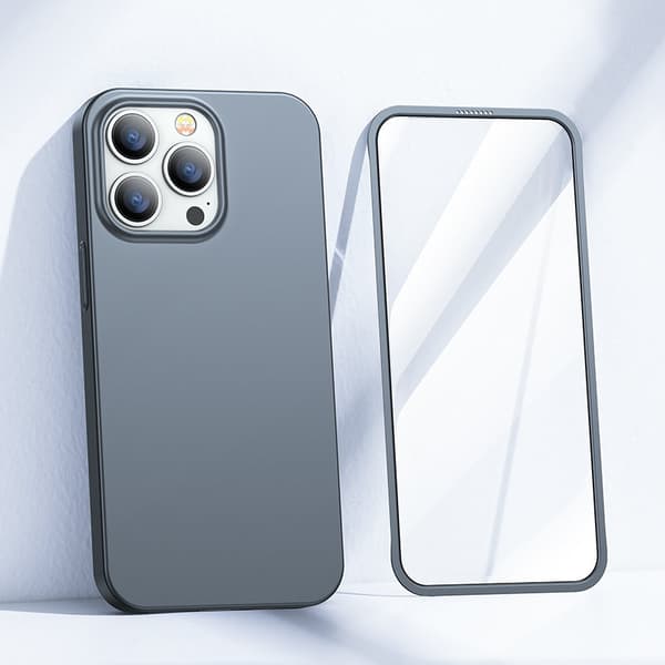 Cover til iPhone 13 Pro Max, bag- og frontcover + hærdet glas, grå