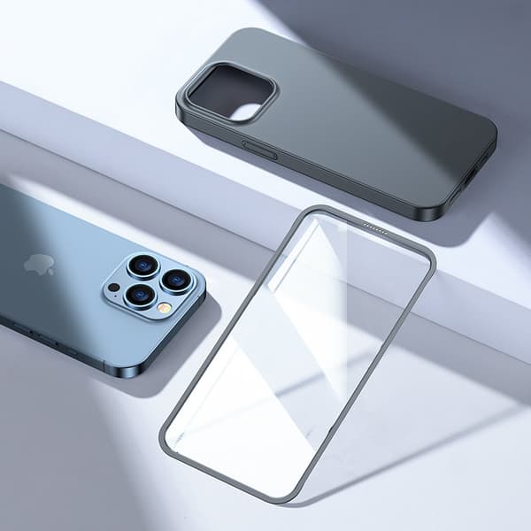 Cover til iPhone 13 Pro, bag- og frontcover + hærdet glas, grå