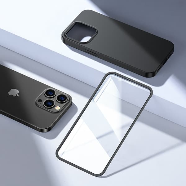Deksel til iPhone 13 Pro, bak- og frontdeksel + herdet glass, svart