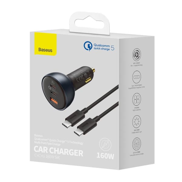 Hurtig USB biloplader USB-C 160W PPS Quick Charge 5 PD grå
