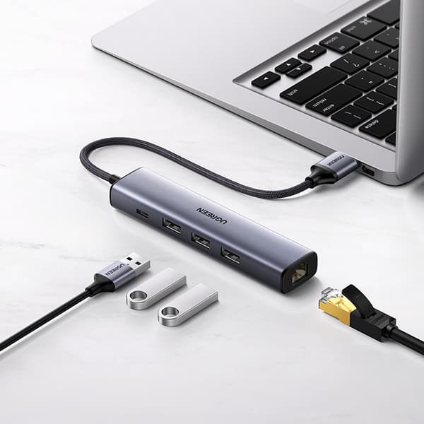 Multifunktionell HUB adapter splitter USB 3.0 - 3x USB Ethernet RJ-45 USB-C PD grå