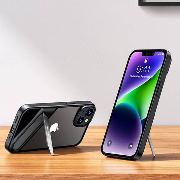 Stivt deksel med gelramme og innebygd stativ for iPhone 14 svart