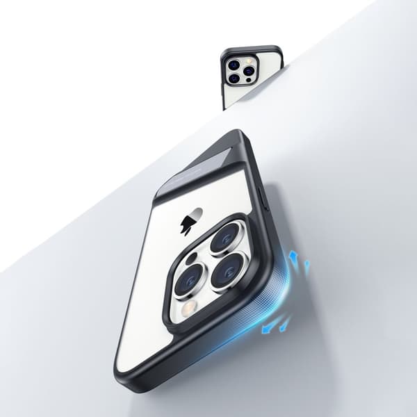 Stivt deksel med gelramme og innebygd stativ for iPhone 14 Pro svart