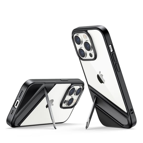Stivt deksel med gelramme og innebygd stativ for iPhone 14 Pro svart