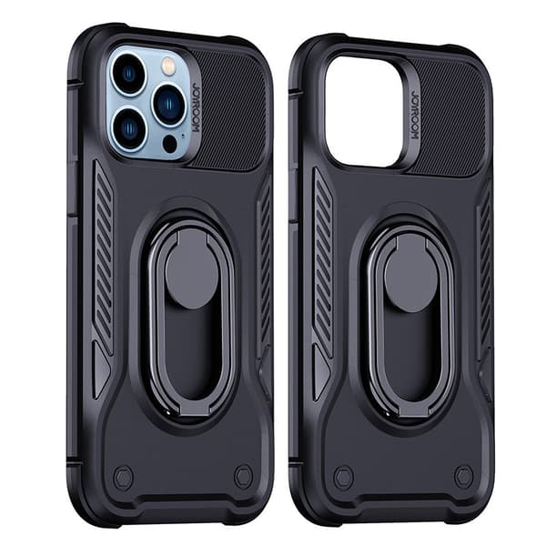 Taske til iPhone 14 Pro, pansret cover med stativ og ringholder, sort