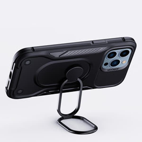 Taske til iPhone 14 Pro, pansret cover med stativ og ringholder, sort