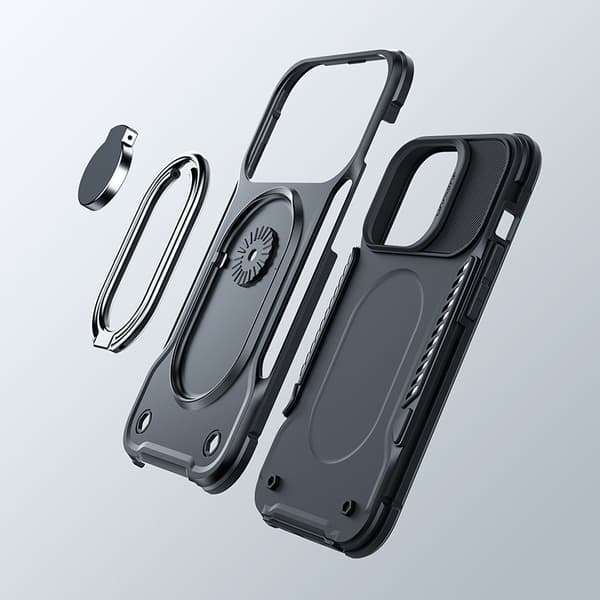 Taske til iPhone 14 Pro, pansret cover med stativ og ringholder, sort