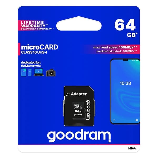 Mikrokort 64GB micro SD XC UHS-I klasse 10 minnekort + SD-adapter