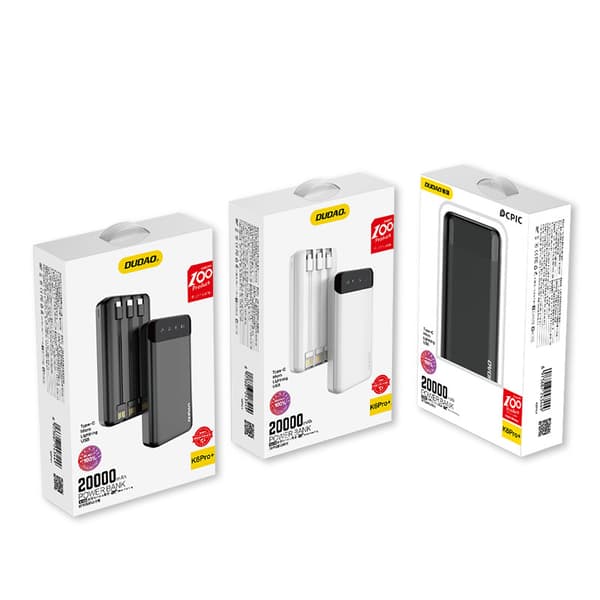 Rummelig 20000mAh powerbank med 3 indbyggede USB-C microUSB Lightning-kabler, hvid