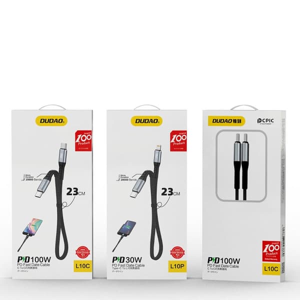 Kort flatkabel til iPhone USB-C - Lightning L10P PD 20W 23cm svart