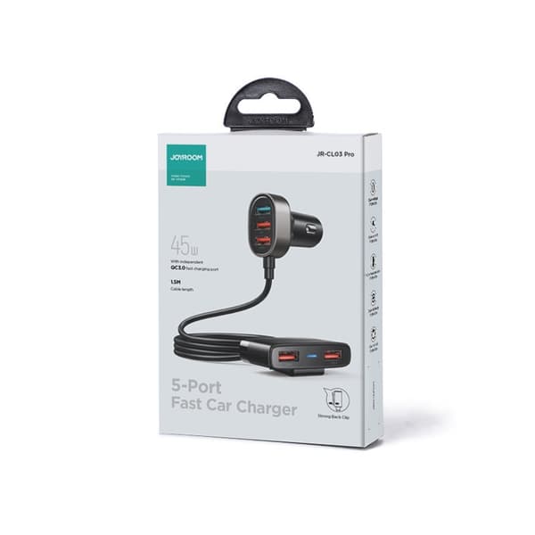 Hurtig billader for 5x USB-A med skjøteledning 45W, sort