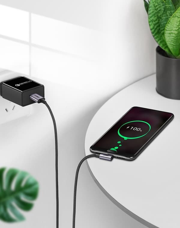 Stark flätad vinklad kabel USB - USB-C QC 3.0 3A 2m grå