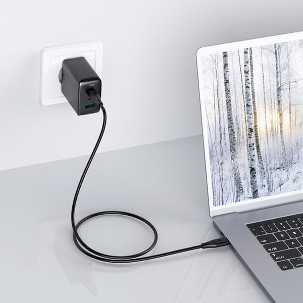 2-i-1 vægoplader 2x USB-C USB 65W + USB-C kabel sort