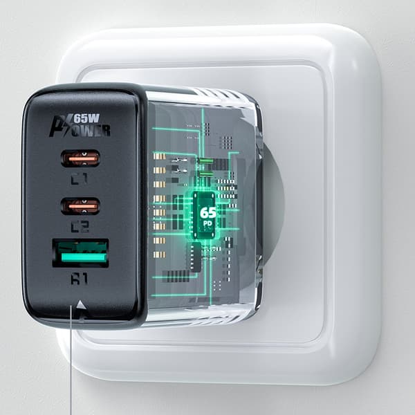 2-i-1 vægoplader 2x USB-C USB 65W + USB-C kabel sort