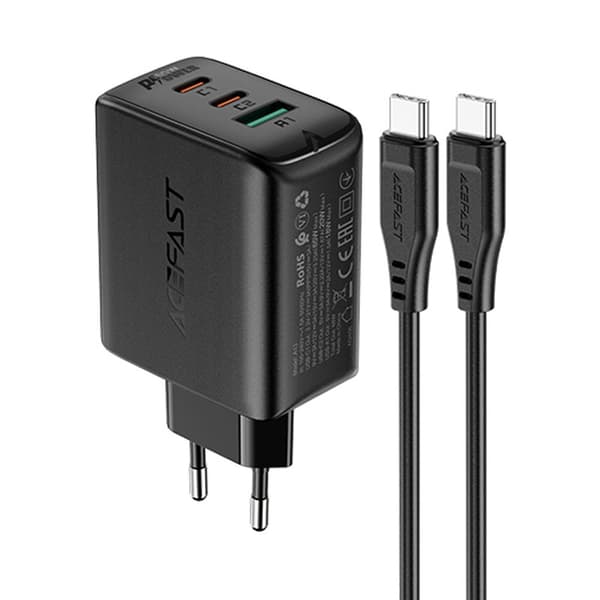 2-i-1 vægoplader 2x USB-C USB 65W + USB-C kabel sort