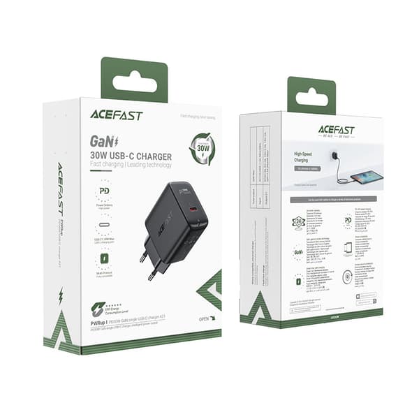 GaN USB-C 30W PD QC 3.0 AFC FCP vegglader sort