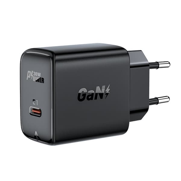 GaN USB-C 30W PD QC 3.0 AFC FCP vegglader sort