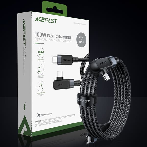 Flettet vinklet kabel USB-C 100W 20V 5A 2m sort