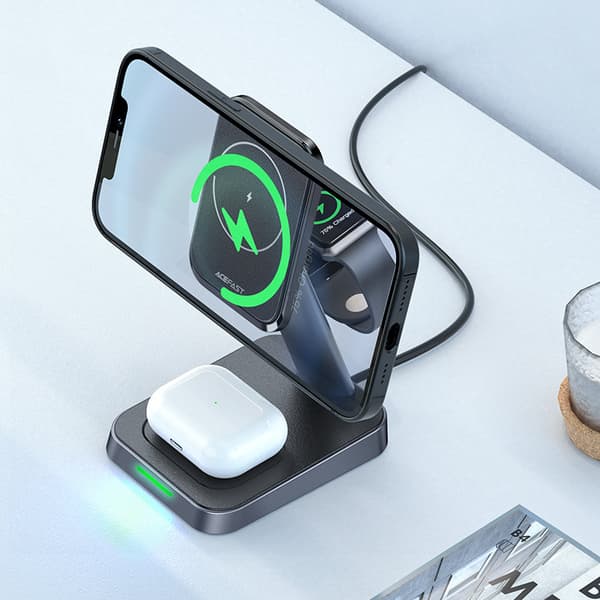3-i-1 Qi-lader 15W med magnetisk holder for iPhone Apple Watch og AirPods svart