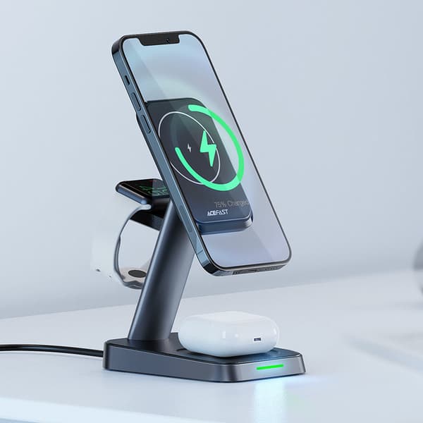 3-i-1 Qi-lader 15W med magnetisk holder for iPhone Apple Watch og AirPods svart